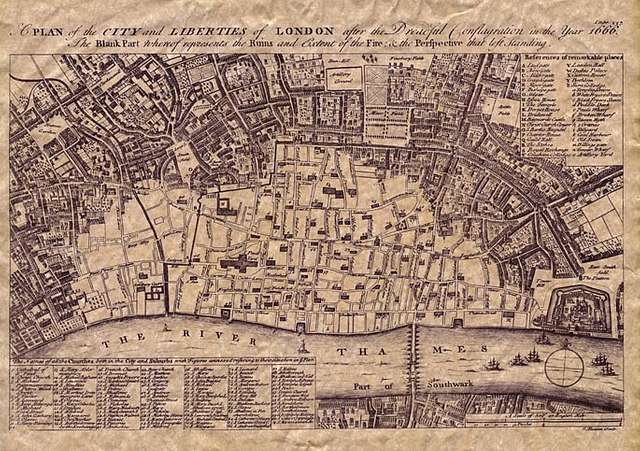 An image of an antique map of the City of London with the area of the 1666 fire shown as clear space.